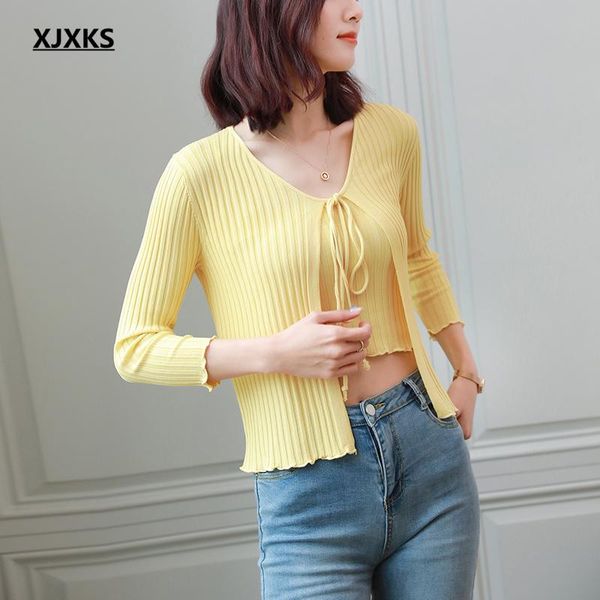 

women's knits & tees xjxks fashion v-neck lace-up women sweater cardigan 2021 autumn high elasticity comfortable two-piece set, White