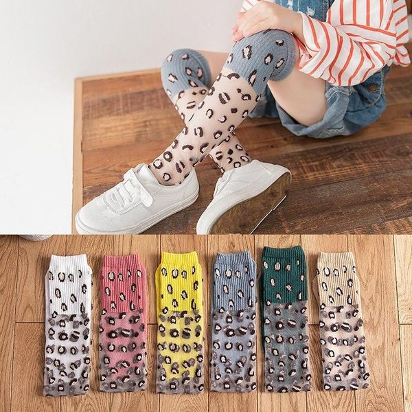 

children breathable knee highs socks leopard print spring summer glass silk for boys girls mid-tube kids 3-10y, Pink;yellow