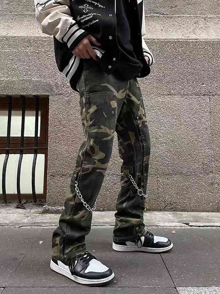 

high street niche vibe style jeans men's fashion brand american hiphop loose straight tube thin white pants, Blue