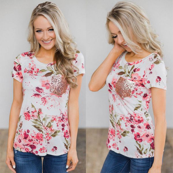 

summer women ladies flowers t-shirts fashion casual short mouw t-shirt clothing pink white