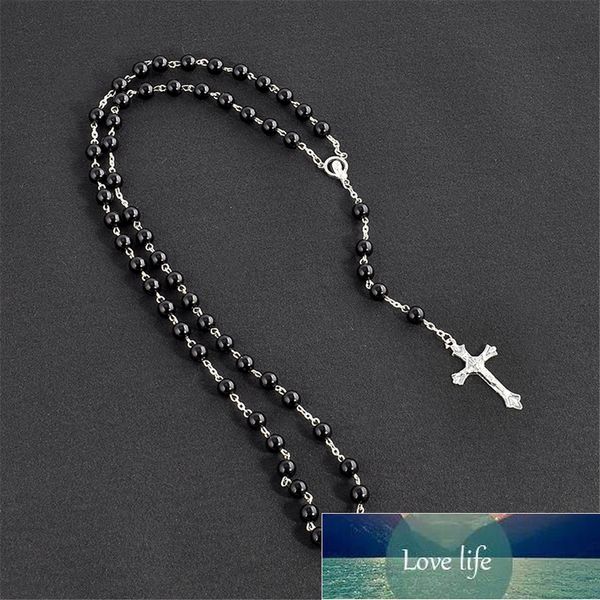 

catholic religious silver plated crucifix jesus piece christian virgin mary rosary necklace jewelry black crystal prayer beads factory price