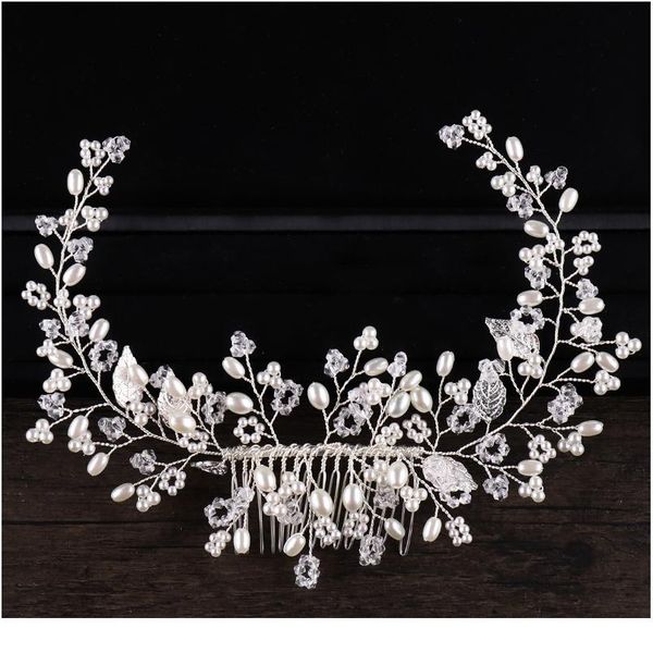 

trendy silver color pearl crystal leaf hair comb hair accessories wedding headpiece hair ornaments bride women qylnre