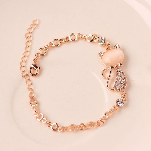 

link, chain 2021 fashion rose gold cute cat bracelet female lady child girl jewelry charm opal rhinestone daughter birthday gift, Black