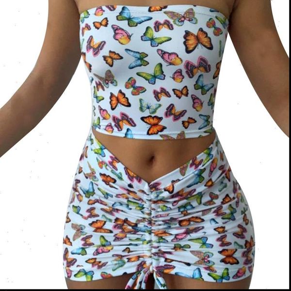 

women wrapped chest tube short skirt two piece set butterfly printed 2 piece set summer fitness streetwear female clothes, Gray