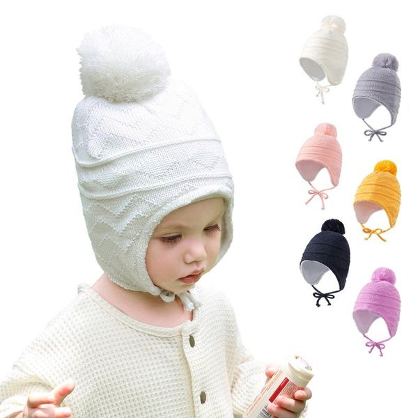 

caps & hats autumn and winter plus velvet children's hat warm ear solid knitted baby color boy girl cartoon kids knit, Yellow