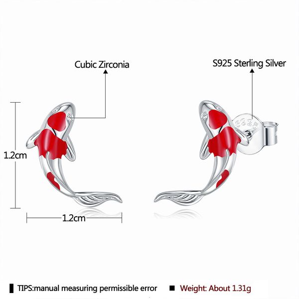 

s925 small goldfish earrings red lucky koi silver temperament ptee0496, Golden