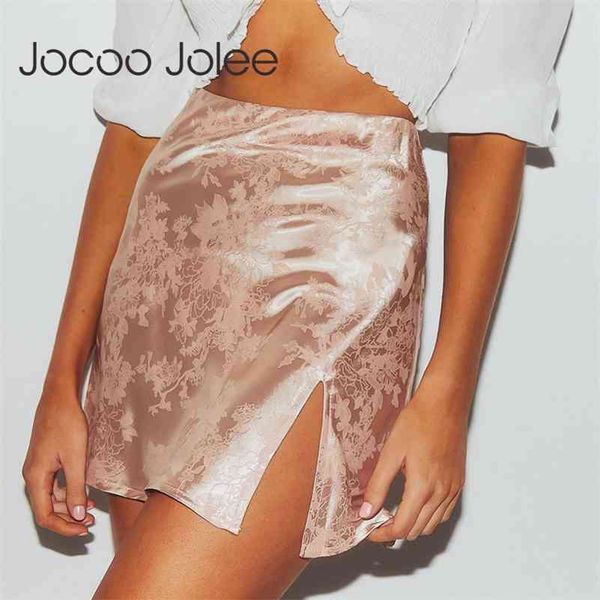 

jocoo jolee women summer elegant jacquard satin short skirt high waist split mini skirt vintage zipper skirt high street 210708, Black