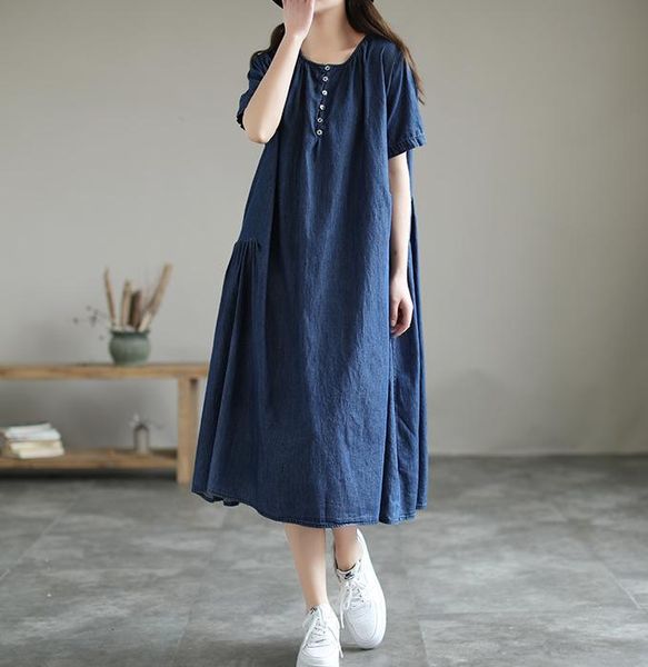 

casual dresses nini wonderland 2021 summer denim dress women's loose short sleeve female vintage retro, Black;gray