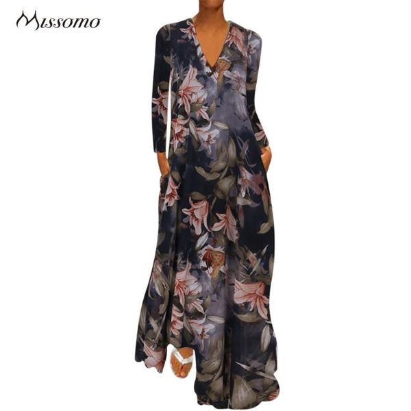 

casual dresses missomo plus size long dress women v-neck flower print reto sleeve loose vestidos boho maxi elegant 1, Black;gray