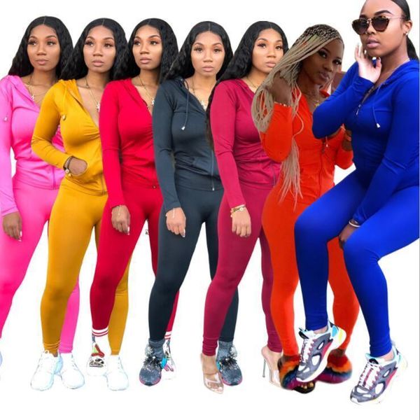 

new 2021 autumn winter women zipper up long sleeve hooded pants suit two piece set casual sporting tracksuit outfit w5093, Gray