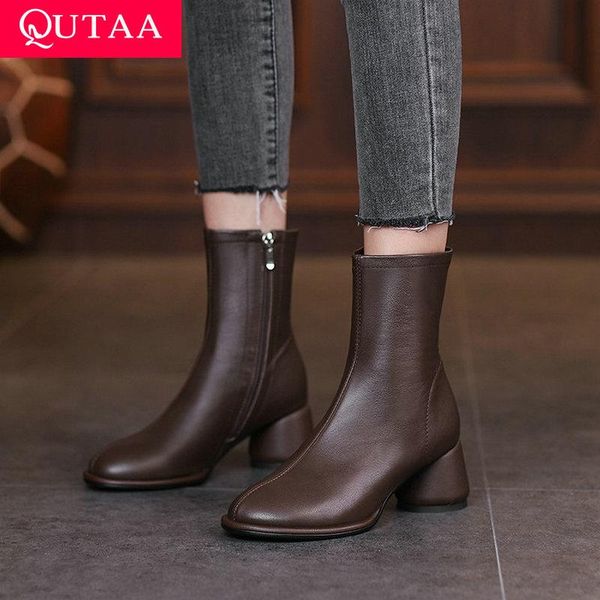 

boots qutaa 2022 square med heel genuine leather women shoes autumn winter round toe fashion platform ankle size 34-40, Black