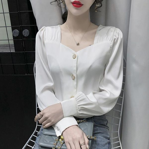 

women's blouses & shirts korean version of silk satin square collar shirt for women 2021 spring and autumn fashion long-sleeved solid c, White