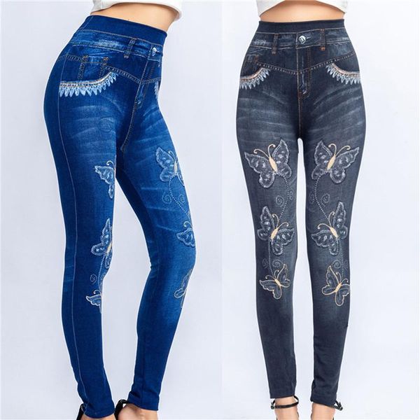 

women's leggings 2021 women high waist fake jeans butterfly print ankle length pants super stretchy skinny imitation, Black