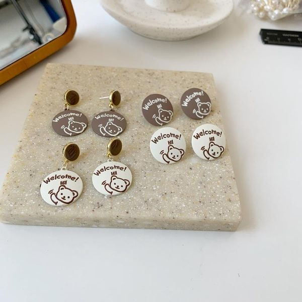 

dangle & chandelier aomu korean fashion retro brown beige cartoon bear welcome earrings cute sweet round letter drop for women accessories, Silver