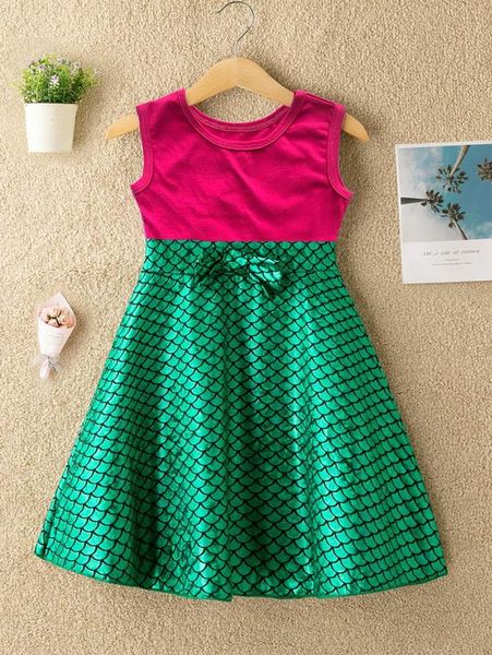

little girl's fish scale bow dress she, Red;yellow