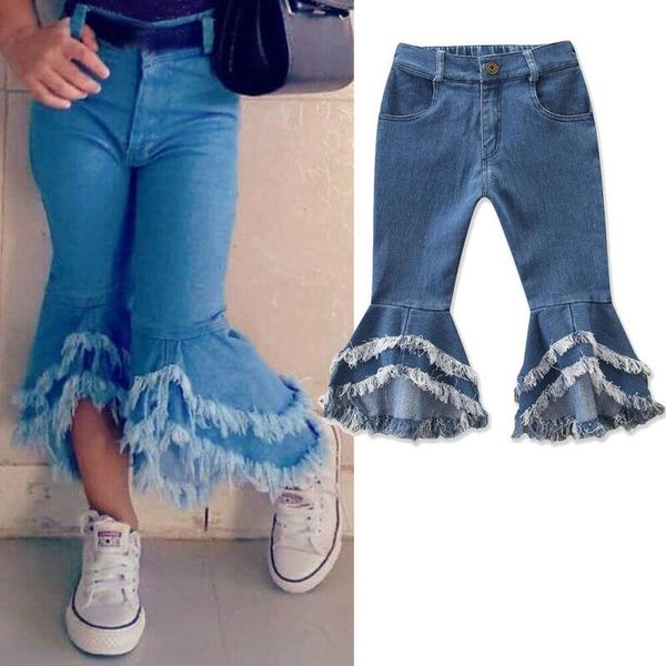 

jeans fashion girls long pants toddler denim ruffle flare trousers slacks size 3-7t, Blue