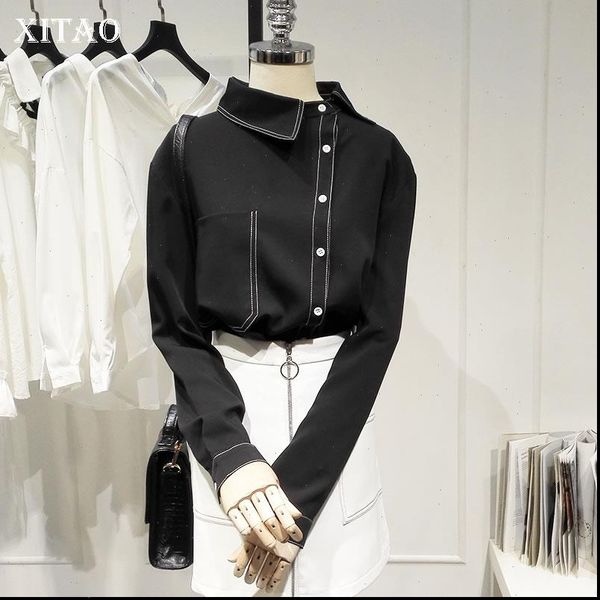 

xitao match all elegant black shirt fashionable skew collar irregular pocket blouse clothes 2021 autumn korean new wld2300, White