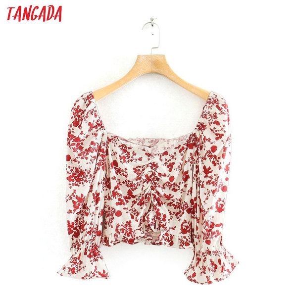 

tangada women retro ruffles floral print blouse summer flare sleeve chic female pleated shirt blusas 3w82, White