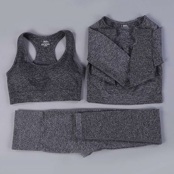 

women's training 3-pcs suit needless yoga set workout wear gym clothing long mouw crop high tail sport leggings pakcake, Gray