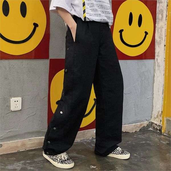 

winter european and american hip-hop breasted button women's wide-leg cropped pants harajuku fashion casual women's pants, Black;white