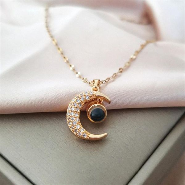 

chains drilling luxurious moon projection titanium steel chain clavicle female one hundred languages i love you necklace, Silver