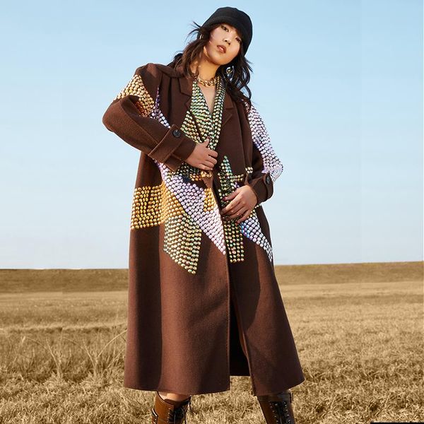 

women's wool & blends 2021 autumn&winter cashmere coat original design beading high-fashion three dimensional cutting, Black