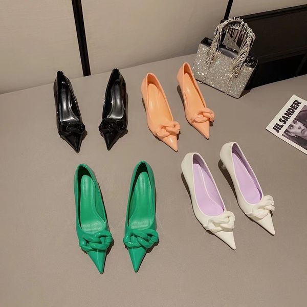 

dress shoes fashion women pumps metal chain shallow slip on thin high heels solid color office work woman size 35-39 green/white/black 69jq