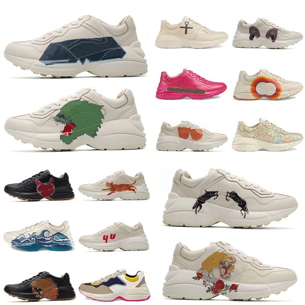 

rhyton vintage leather sneakers mens designer shoes womens casual shoes classic white leather thick sole vintage trainer dad shoes 52fb#3456, Black