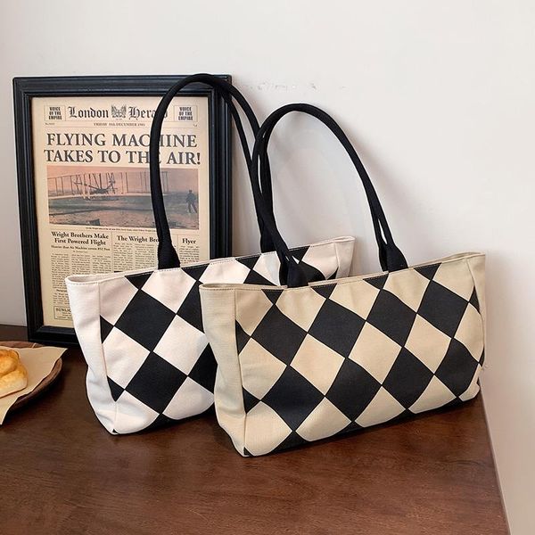 

evening bags autumn women canvas shoulder bag black white lingge pattern handbag large shopper female tote 2021