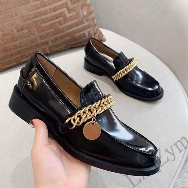 

women's 2021 spring casual single shoes genuine leather comfort slip on loafers shallow golden chain design mujer, Black