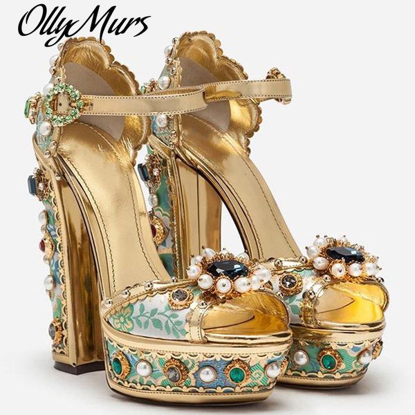

ollymurs luxury pearls platform sandals crystal woman extremely high chunky heels buckle strap embroidery shoes woman, Black