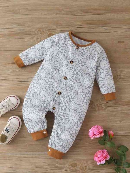

baby floral print contrast binding jumpsuit she, Blue