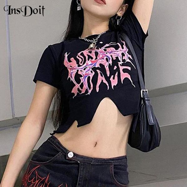 

women's t-shirt insdoit harajuku gothic streetwear black asymmetric t shirt women print short sleeve crop fashion split tees clubwear t, White