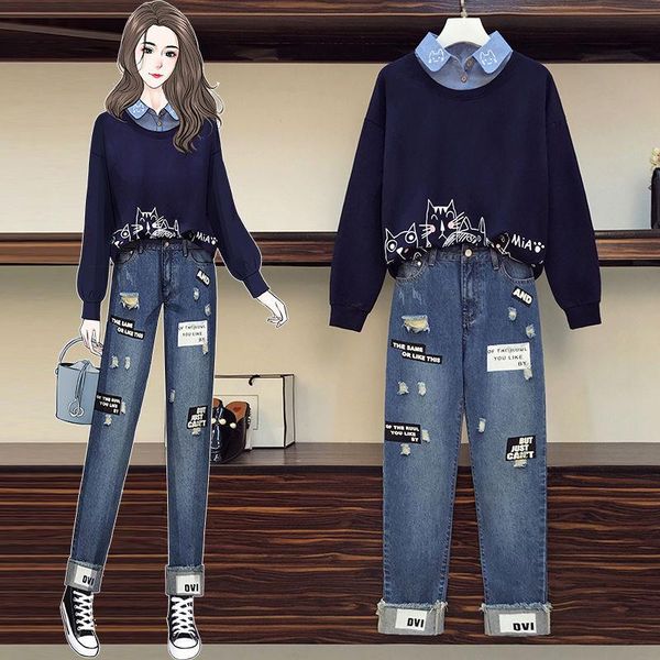

women's two piece pants fat girl spring plus size western style cover meat age-reducing blouse jeans slim two-piece suit, White