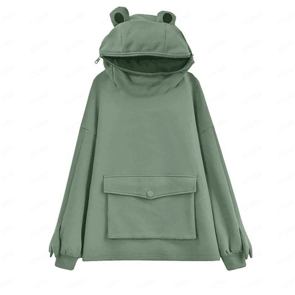 

new chic plush sweater women's mid length design super cute frog hooded lazy coat, Black