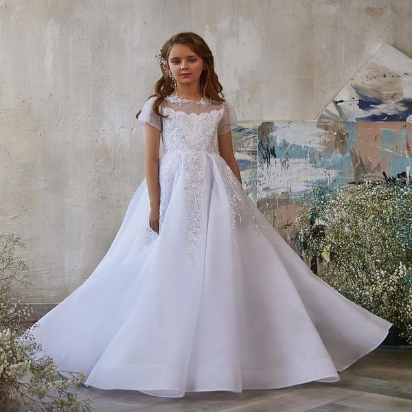 Jóias pescoço mangas curtas flor menina vestidos de frisado apliques tribunais trem tulle crianças primeiro comunhão vestido baptism