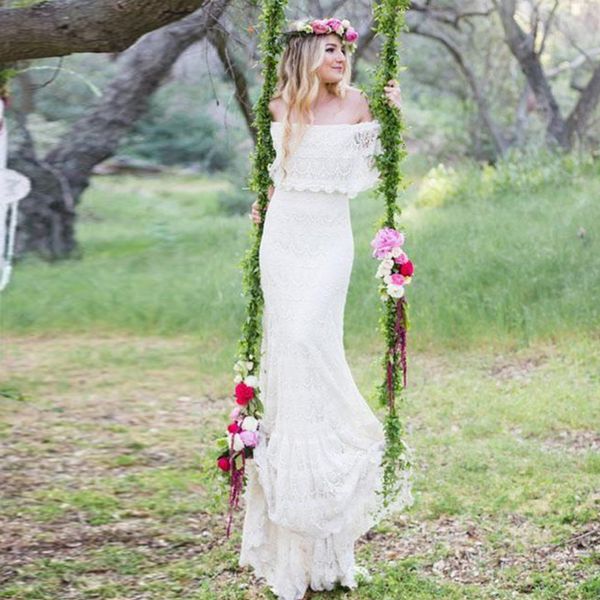 

2021 new off the shoulder boho es lace mermaid country wedding gowns long vestido noiva bridal robe de mariee sa2l, White