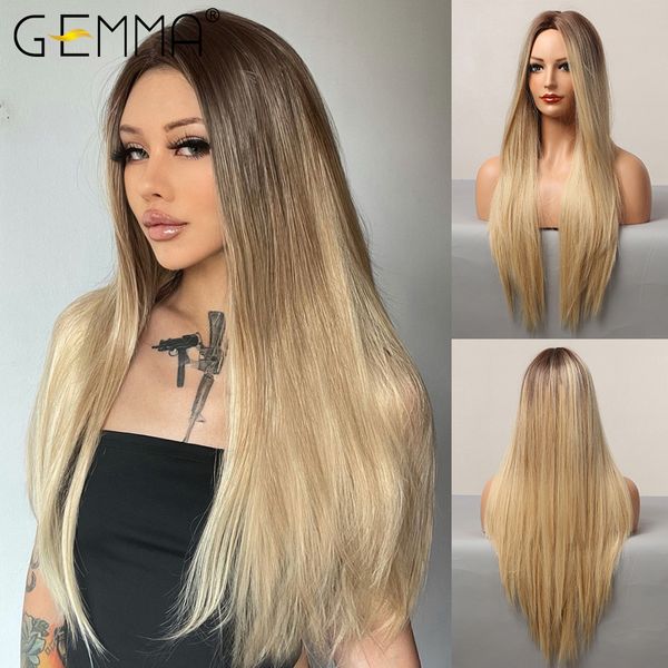 

long straight natural middle part wig ombre brown blonde golden heat resistant synthetic wigs for women cosplay party hair, Black
