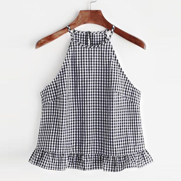 

fashion plaid printed vest women sleeveless button keyhole frill halter tanks summer casual loose female plus size 2xl, White