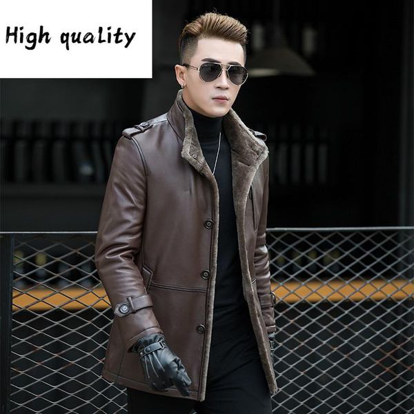 

men's leather & faux sheepskin genuine jacket winter coat real wool fur liner motorcycle man warm, Black