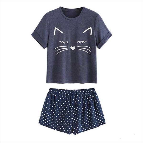 

pyjamas casual cat womens sleepwears print shorts short sleeve pajamas suit sleepwear shirts and nightwear set vetement femme, Black;red