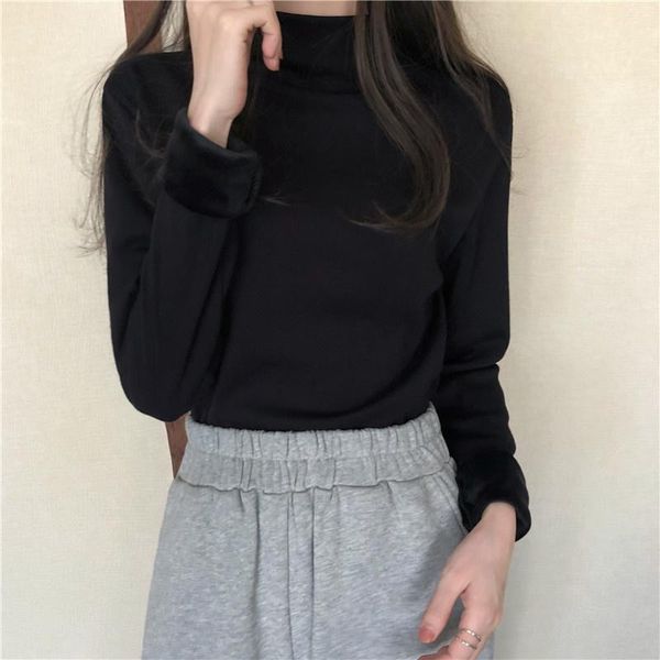 

women's sweaters plush thickened half high collar bottomed shirt autumn and winter 2021 style with long sleeve t-shirt, slim top, White;black