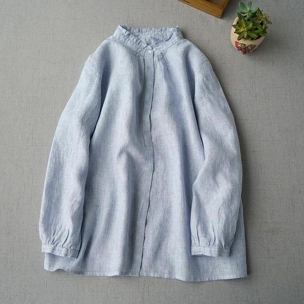 

women's blouses & shirts autumn style clothing comfortable linen stripe long sleeve shirt lace standing collar loose and versatile, White