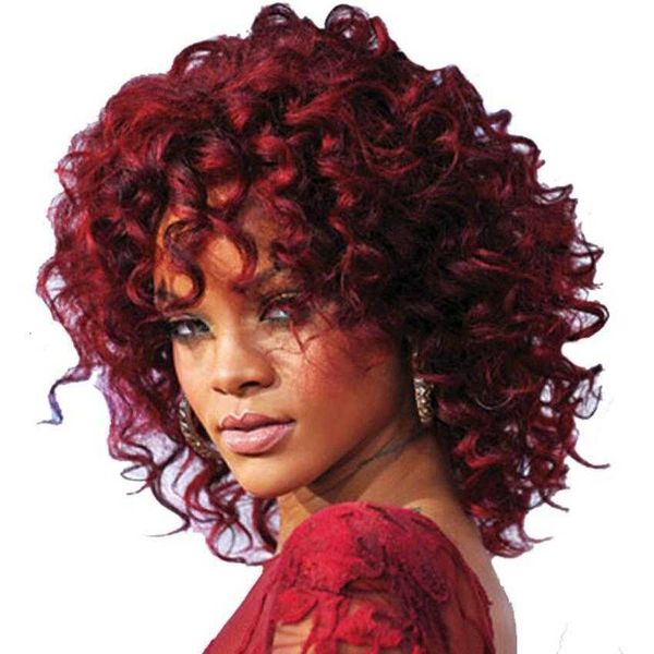 

wig female small explosive headgear rihanna wine red medium long curly hair, Black