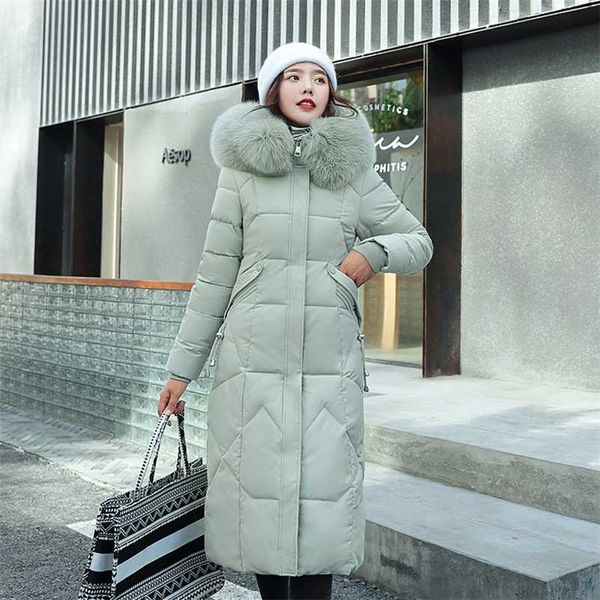 

women's winter jacket x-long solid female coat hooded slim with fur collar thick oversized cotton padded casual woman parkas 201211, Black