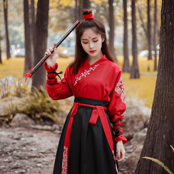 

stage wear tang dynasty ancient costumes hanfu dress chinese folk dance clothes classical swordsman clothing traditional fairy cosplay, Black;red