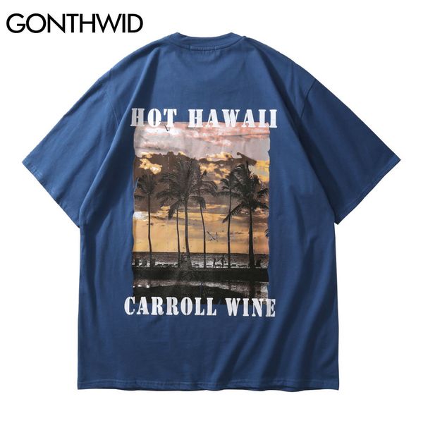 

gonthwid harajuku tees shirts coconut tree print short sleeve tshirts streetwear mens hip hop casual cotton t-shirt summer c0315, White;black