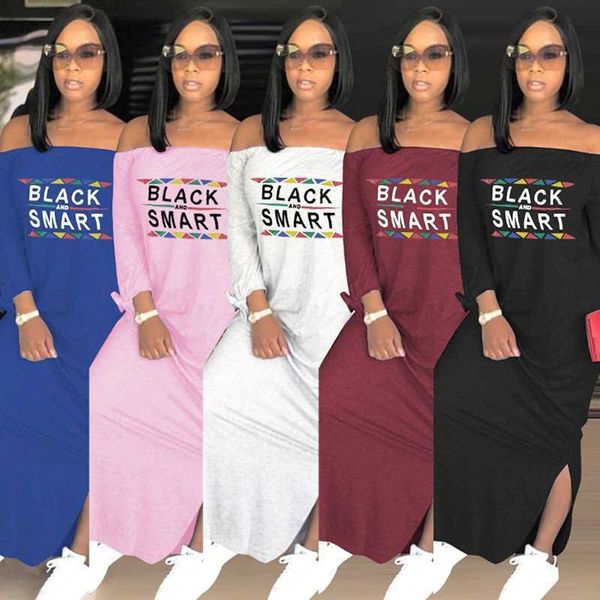 

2021 fall women's one-line collar two side split letter printed dress, White