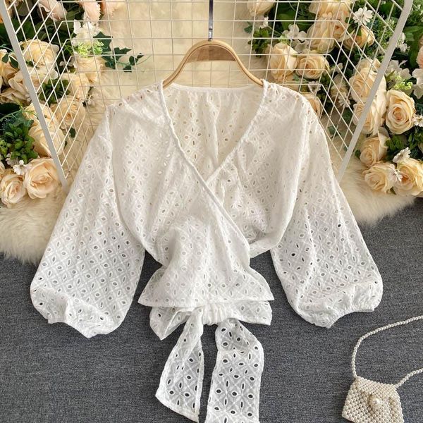 

women's blouses & shirts womens blouse women lace hollow out blusas puff long sleeve drop woman v-neck solid color 2021 ins, White