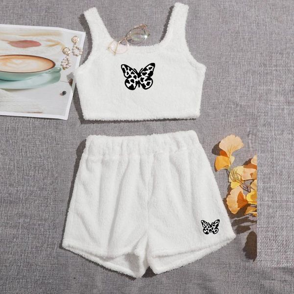 

women's tracksuits butterfly printing pajama sets o-neck pullover sleeveless cotton soft leisure vest crop + shorts set female suit, Gray